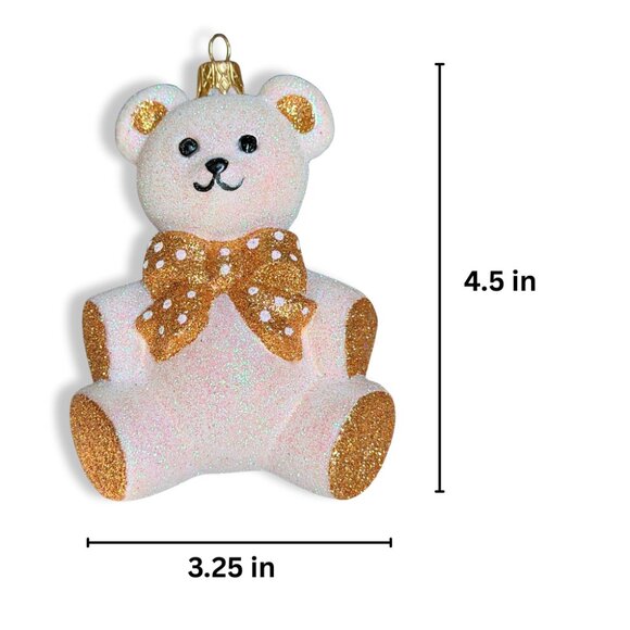 Sparkling White Gold Glass Teddy Bear Christmas Ornament Glittery Heirloom Decor - Picture 4 of 7